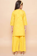 Mustard Pure Cotton Printed Straight Round Neck Kurta Set