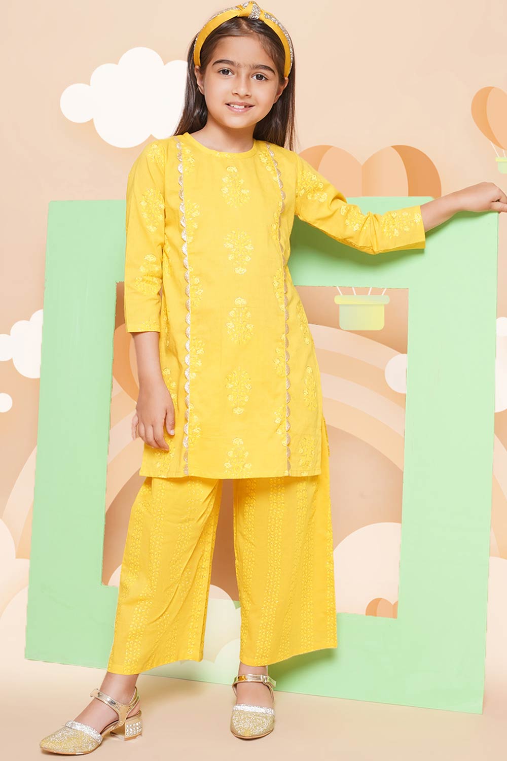 Mustard Pure Cotton Printed Straight Round Neck Kurta Set