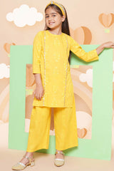 Mustard Pure Cotton Printed Straight Round Neck Kurta Set