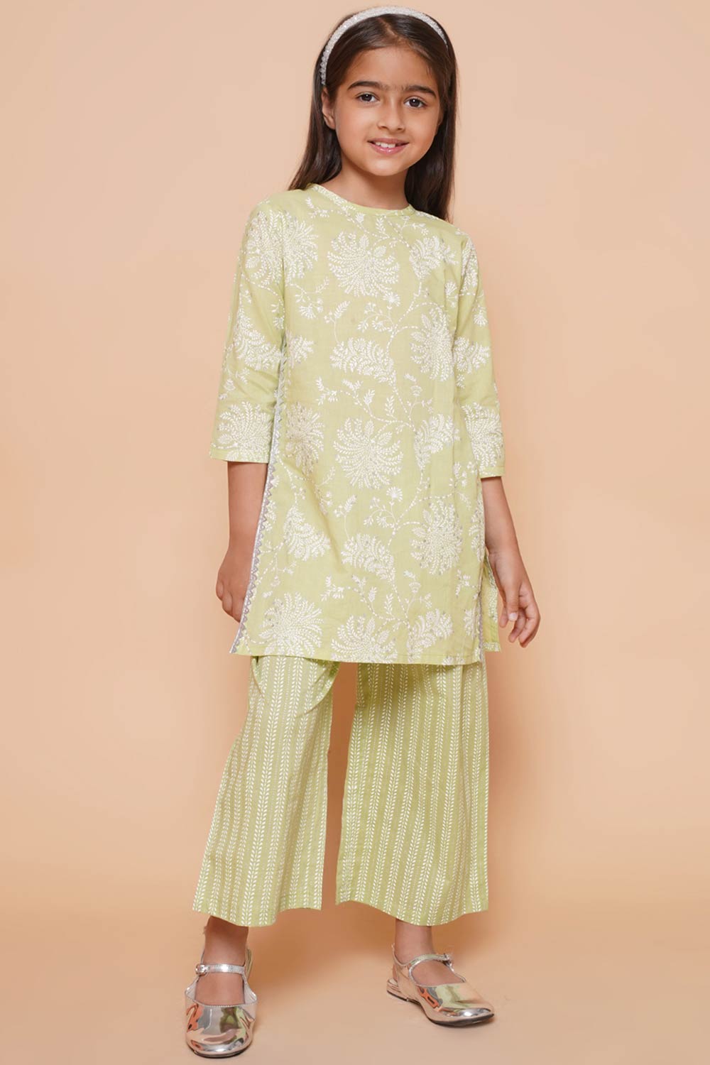 Green Pure Cotton Printed Straight Round Neck Kurta Set