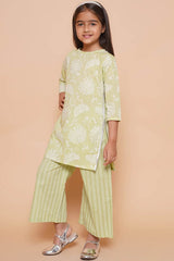 Green Pure Cotton Printed Straight Round Neck Kurta Set