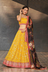 Yellow Sequins Georgette Lehenga Choli With Dupatta