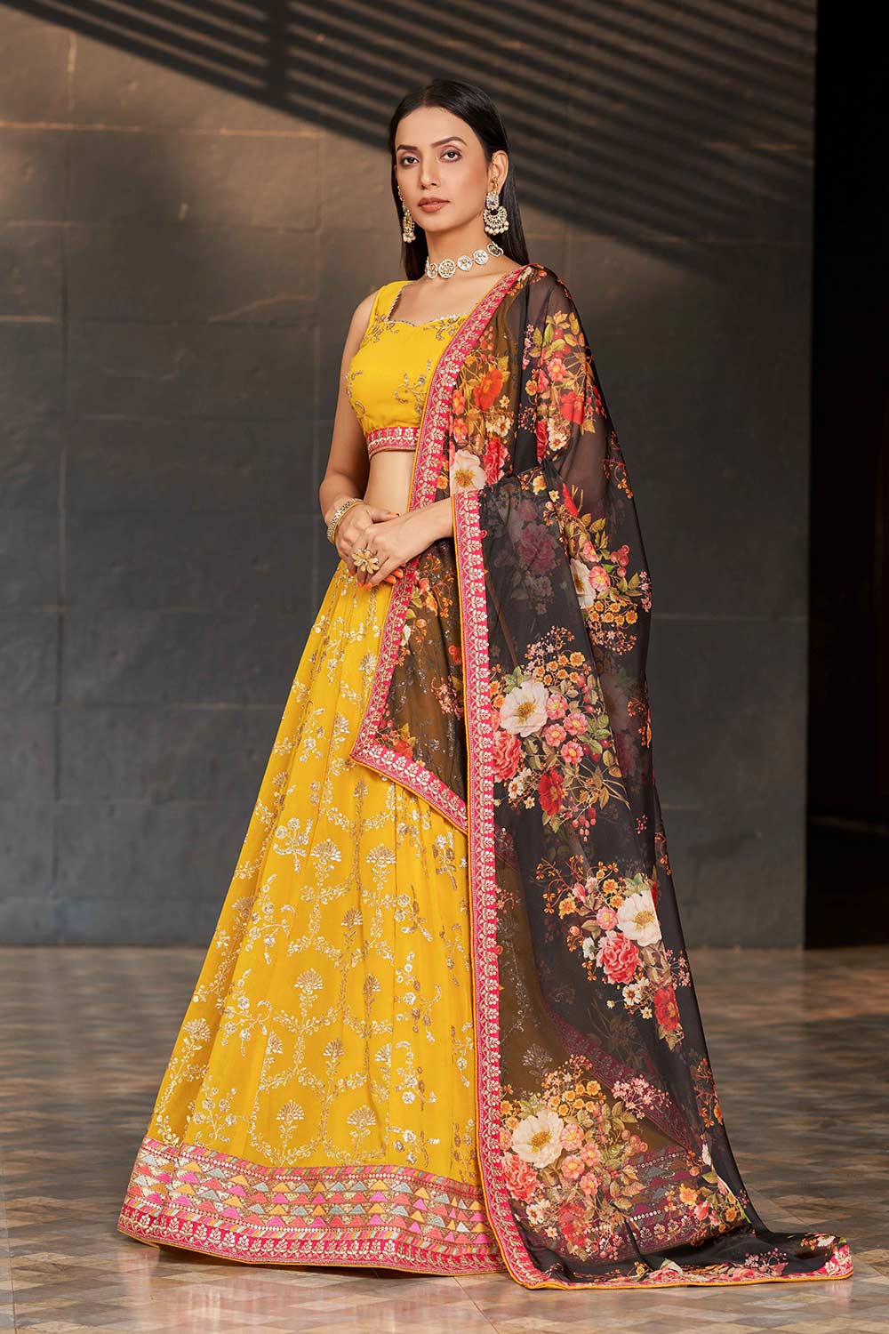 Yellow Sequins Georgette Lehenga Choli With Dupatta