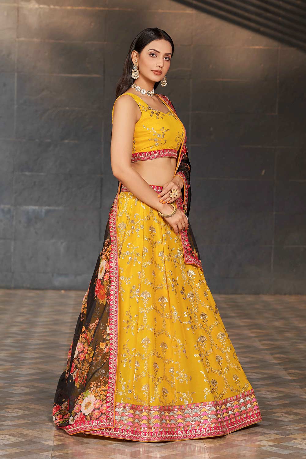 Yellow Sequins Georgette Lehenga Choli With Dupatta