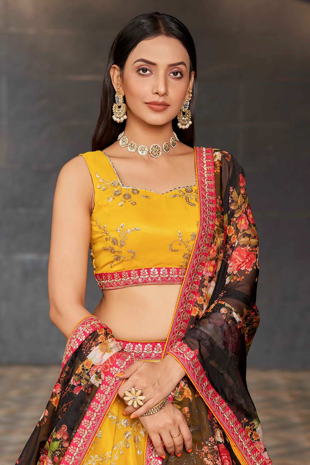 Yellow Sequins Georgette Lehenga Choli With Dupatta