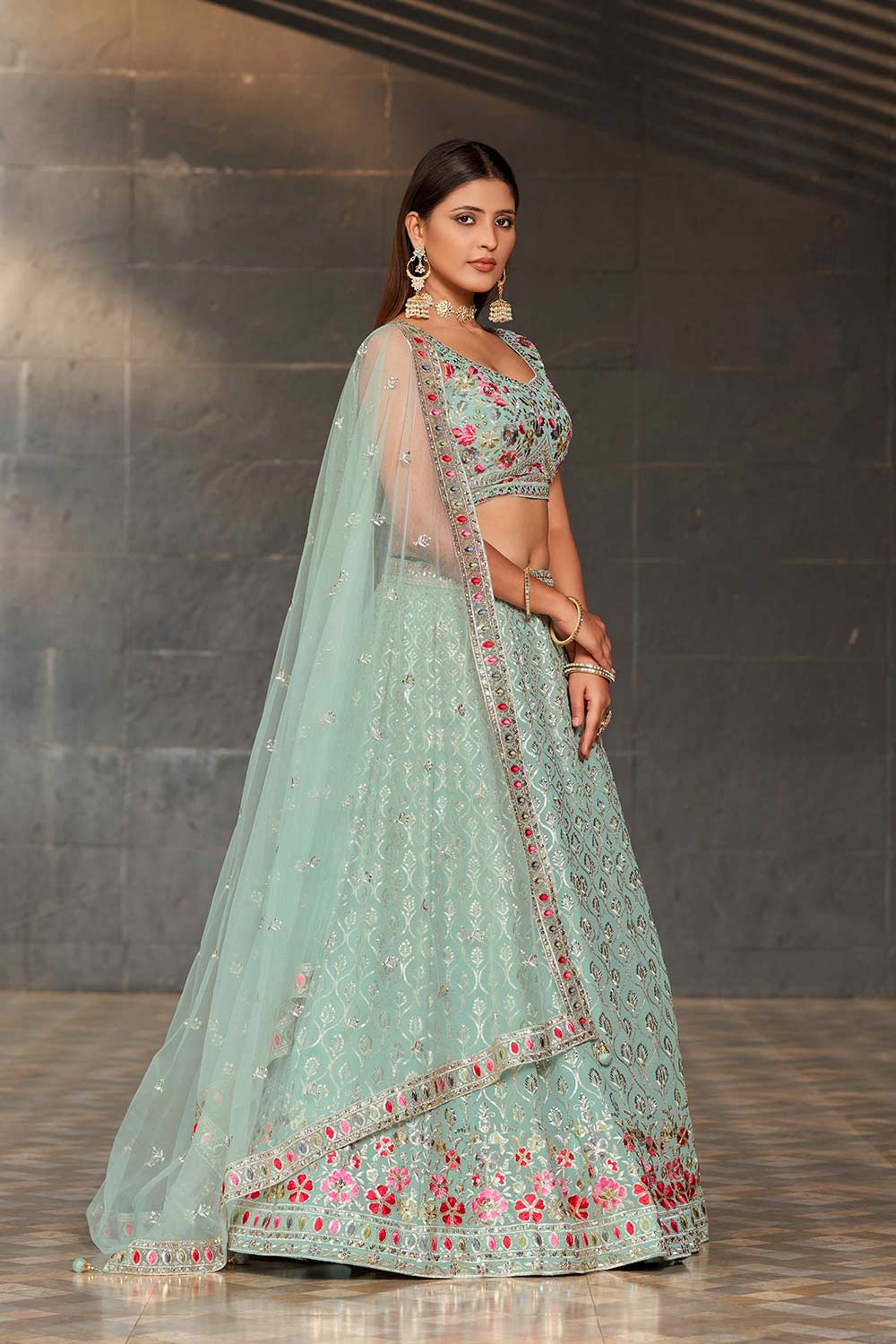 Blue Sequins Georgette Lehenga Choli With Dupatta