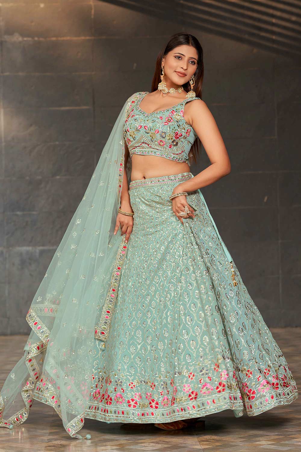 Blue Sequins Georgette Lehenga Choli With Dupatta