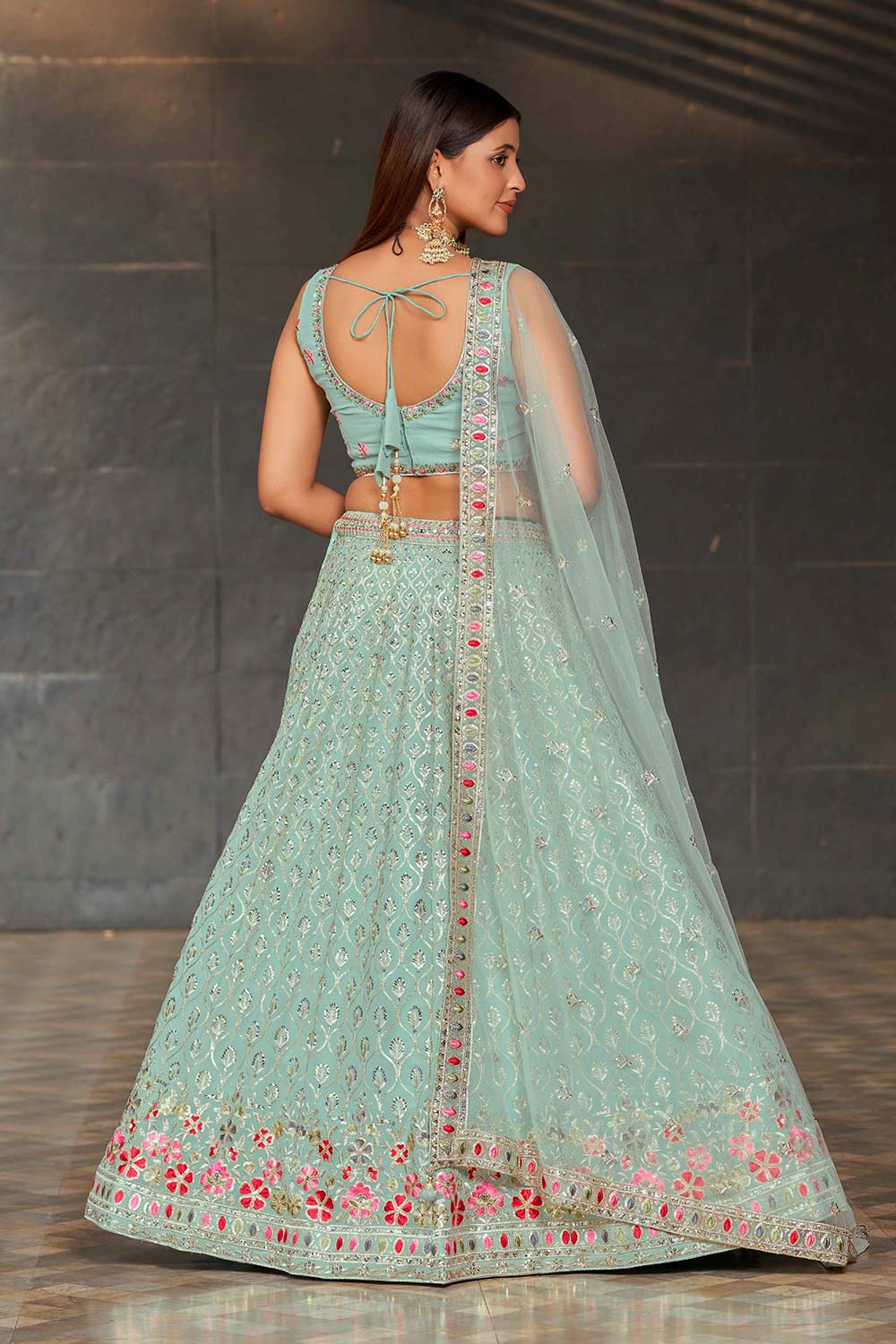 Blue Sequins Georgette Lehenga Choli With Dupatta