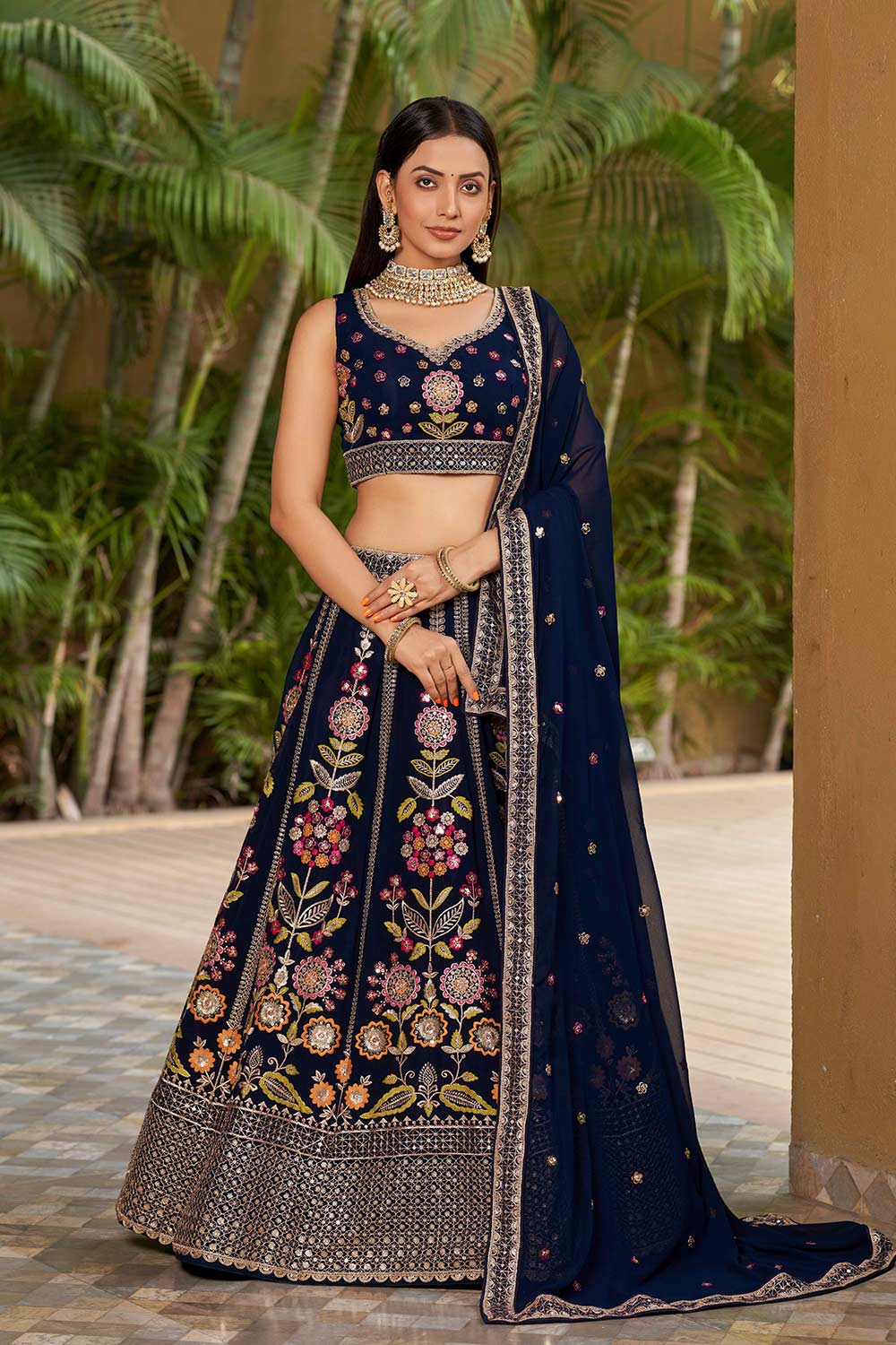 Navy Blue Sequins Georgette Lehenga Choli With Dupatta