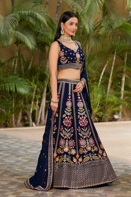 Navy Blue Sequins Georgette Lehenga Choli With Dupatta