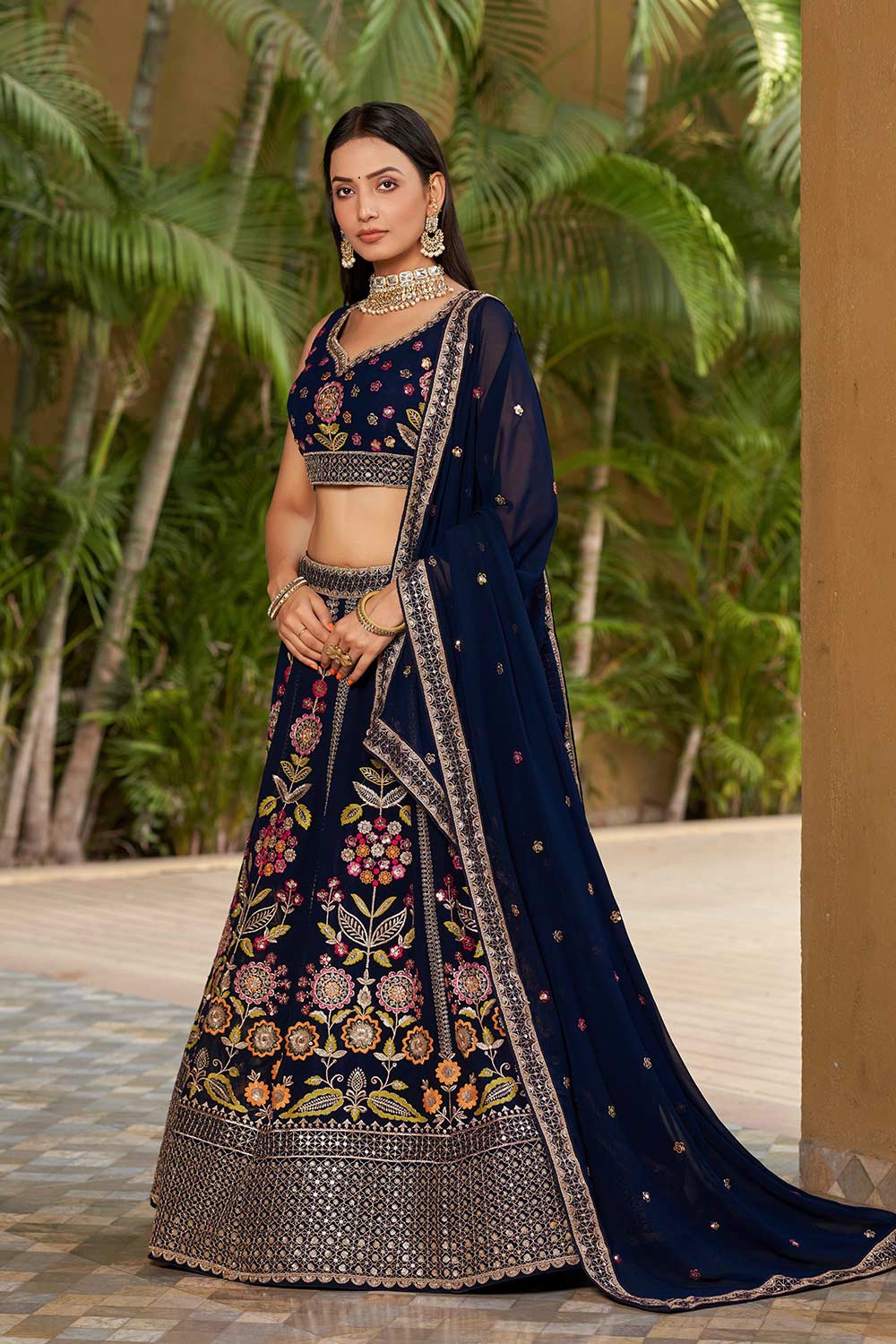 Navy Blue Sequins Georgette Lehenga Choli With Dupatta