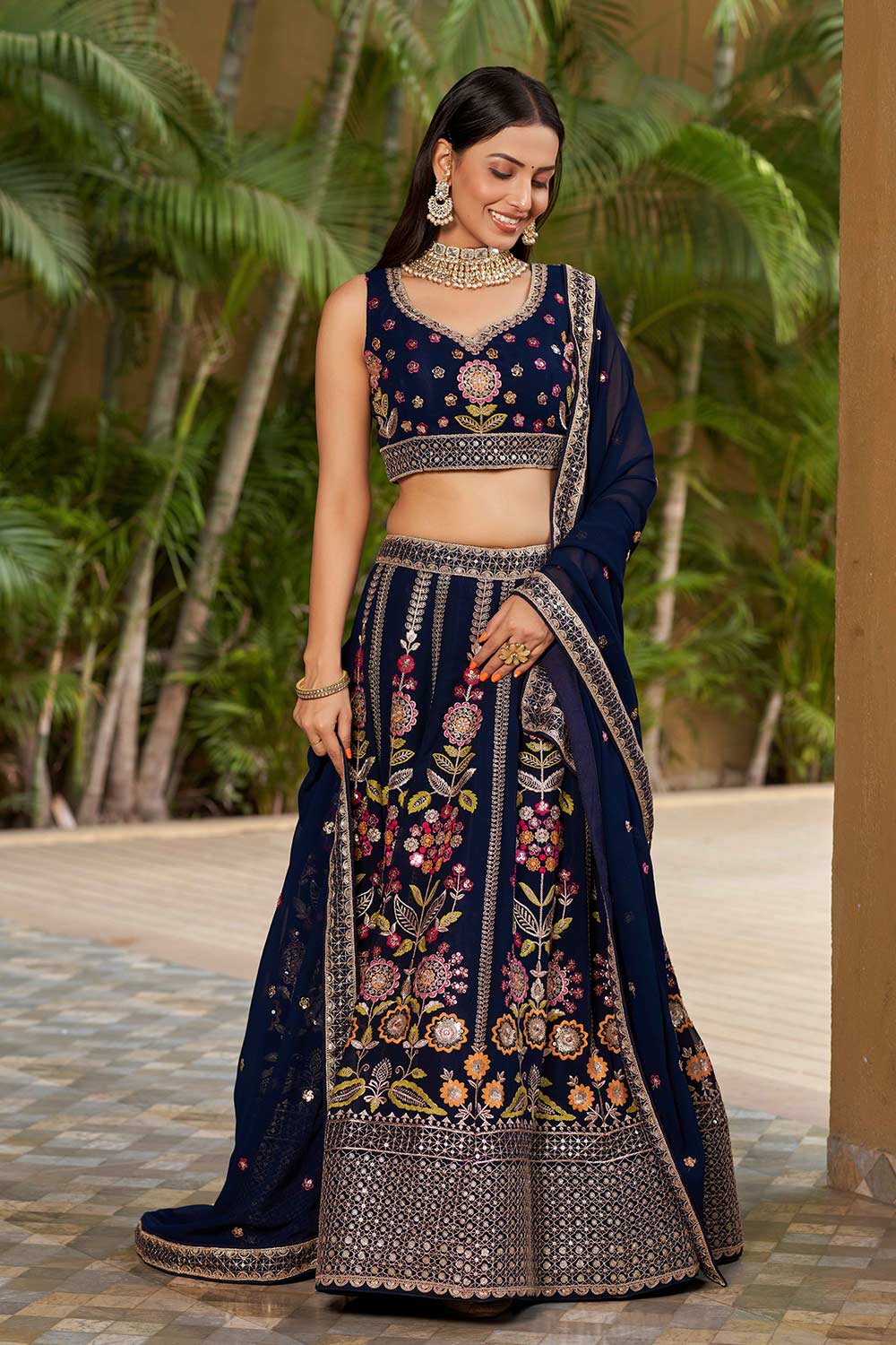 Navy Blue Sequins Georgette Lehenga Choli With Dupatta