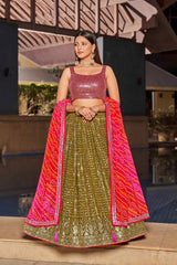 Olive Sequins Georgette Lehenga Choli With Dupatta