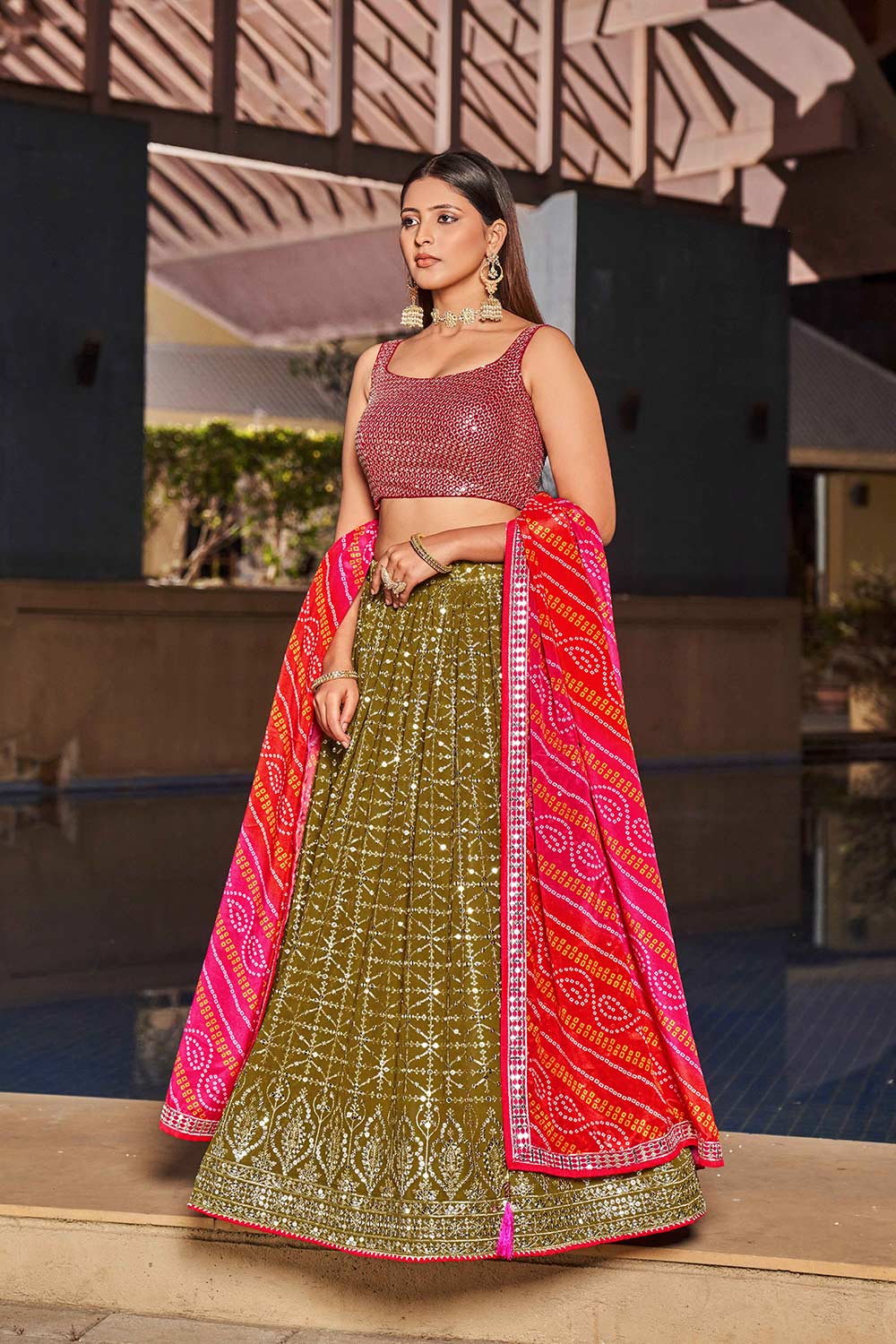 Olive Sequins Georgette Lehenga Choli With Dupatta