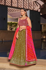 Olive Sequins Georgette Lehenga Choli With Dupatta