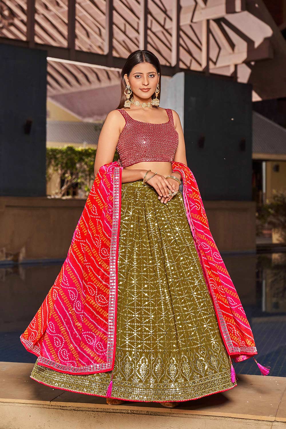 Olive Sequins Georgette Lehenga Choli With Dupatta