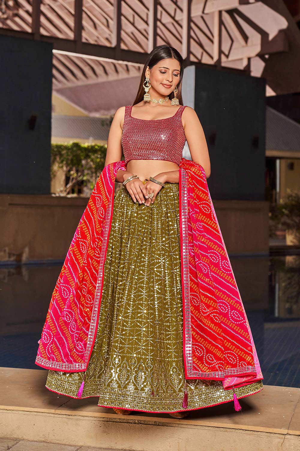 Olive Sequins Georgette Lehenga Choli With Dupatta