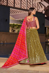 Olive Sequins Georgette Lehenga Choli With Dupatta