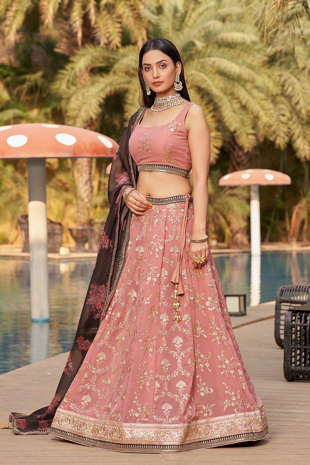 Pink Sequins Georgette Lehenga Choli With Dupatta