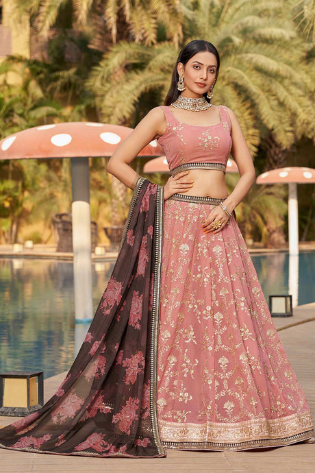 Pink Sequins Georgette Lehenga Choli With Dupatta