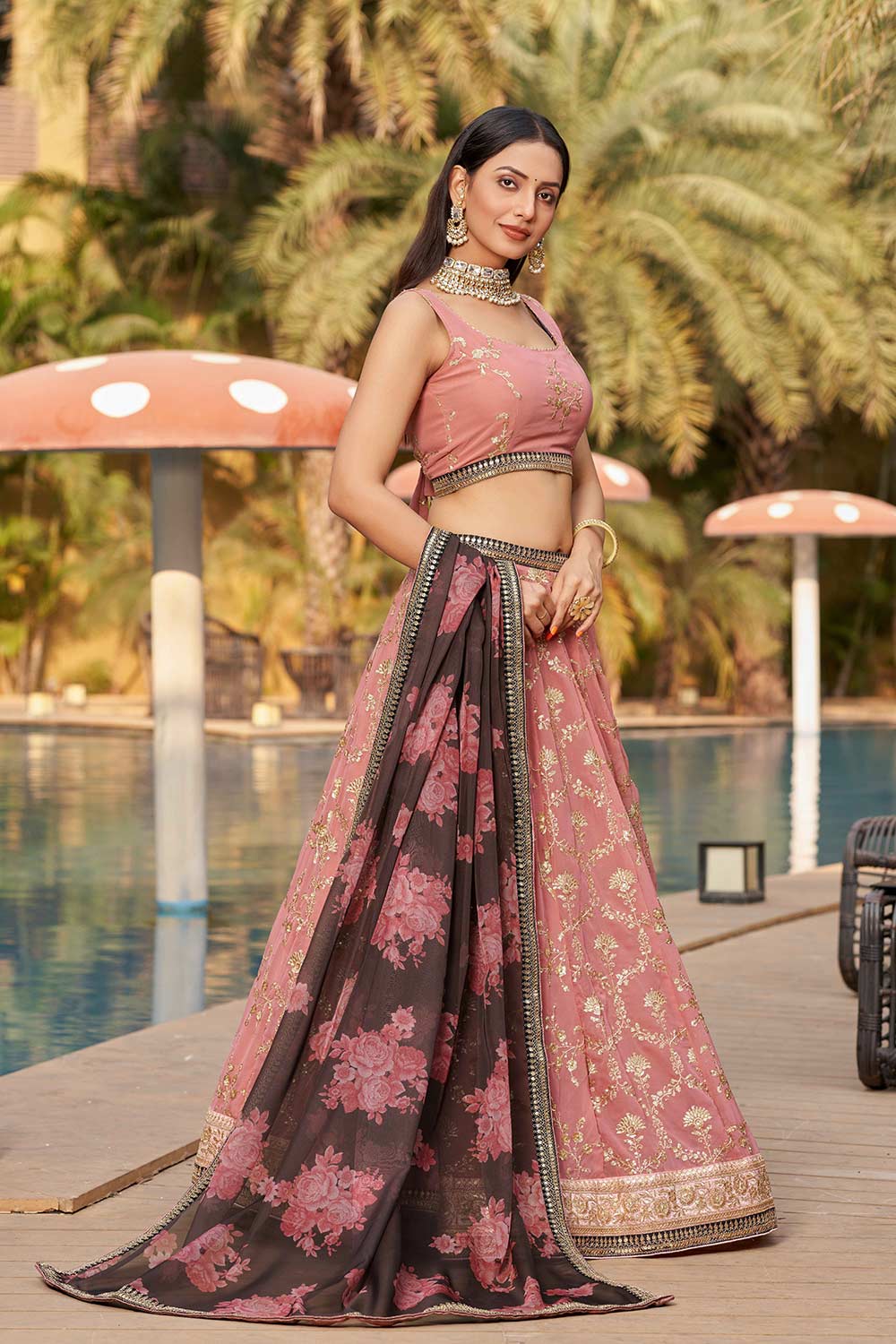 Pink Sequins Georgette Lehenga Choli With Dupatta