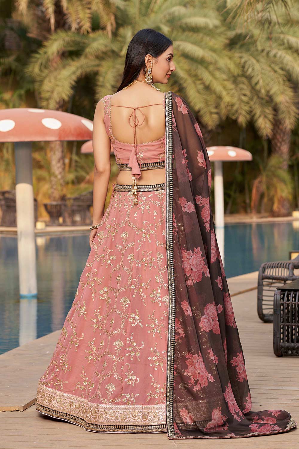 Pink Sequins Georgette Lehenga Choli With Dupatta