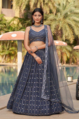 Dark Grey Sequins Georgette Lehenga Choli With Dupatta