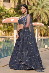 Dark Grey Sequins Georgette Lehenga Choli With Dupatta