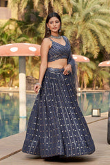 Dark Grey Sequins Georgette Lehenga Choli With Dupatta