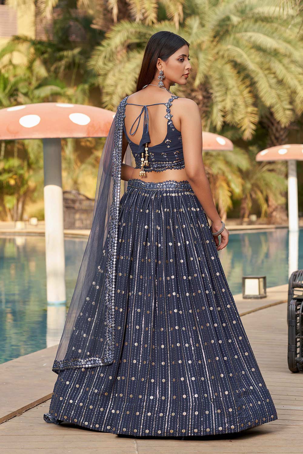 Dark Grey Sequins Georgette Lehenga Choli With Dupatta