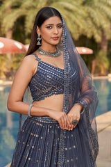 Dark Grey Sequins Georgette Lehenga Choli With Dupatta