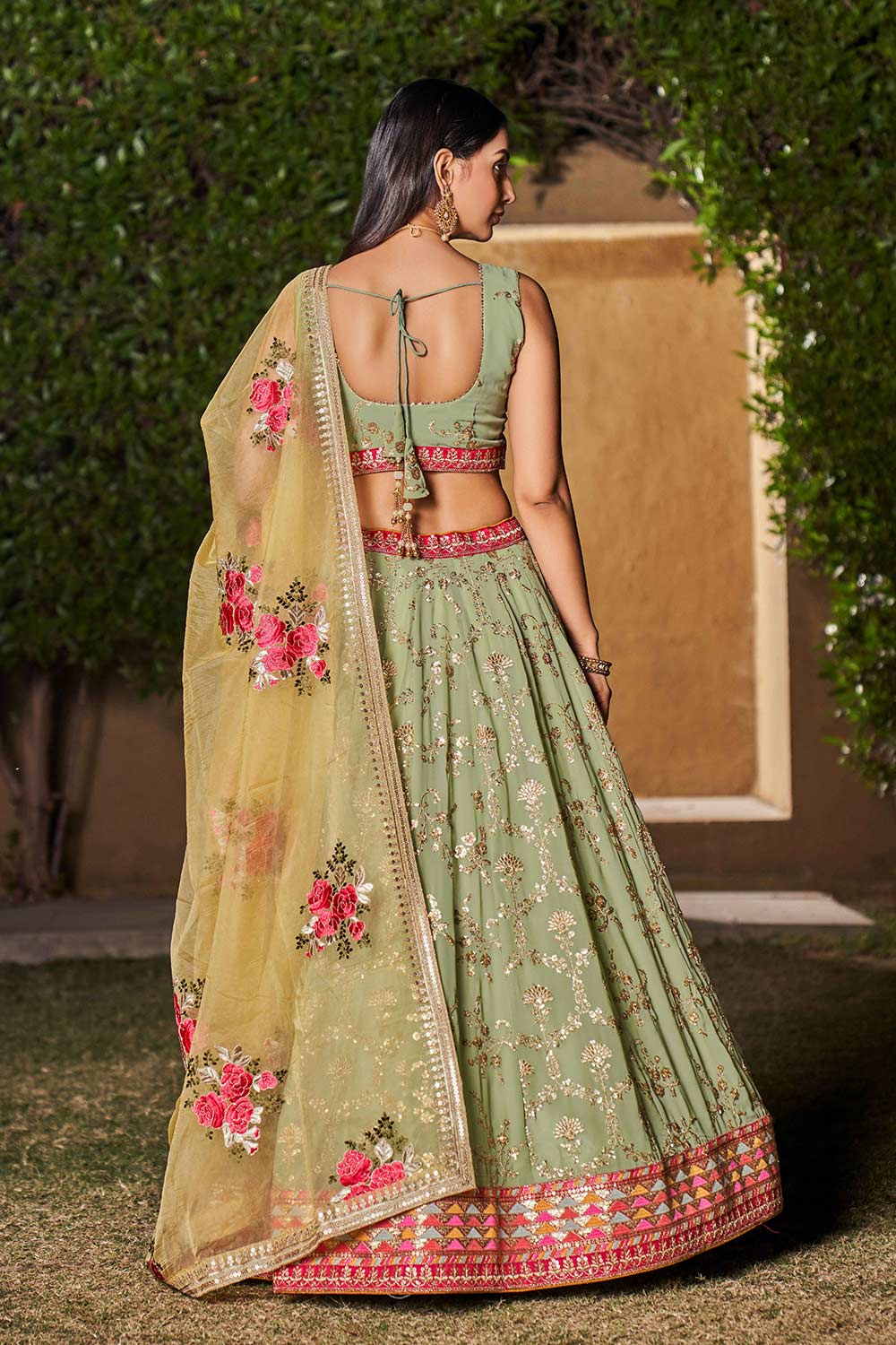 Pista Sequins Georgette Lehenga Choli With Dupatta