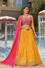 Yellow Sequins Georgette Lehenga Choli With Dupatta