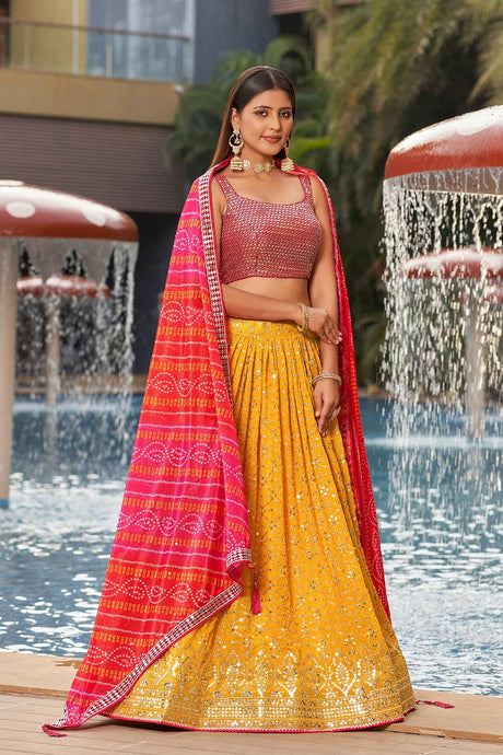 Yellow Sequins Georgette Lehenga Choli With Dupatta