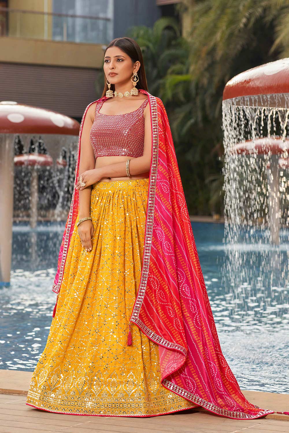 Yellow Sequins Georgette Lehenga Choli With Dupatta