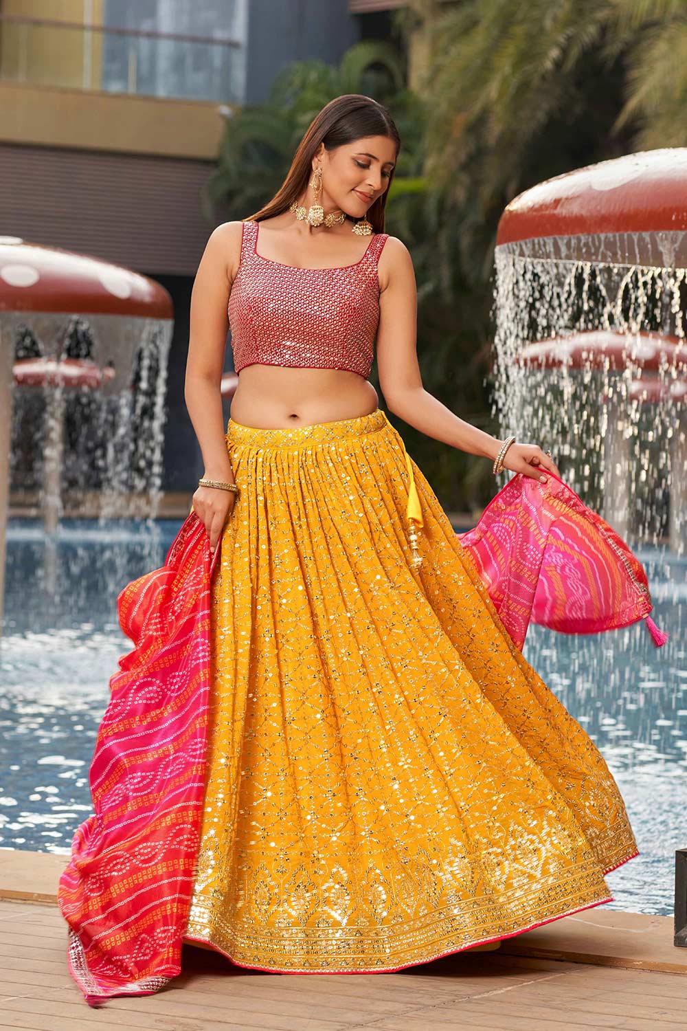 Yellow Sequins Georgette Lehenga Choli With Dupatta