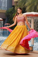 Yellow Sequins Georgette Lehenga Choli With Dupatta