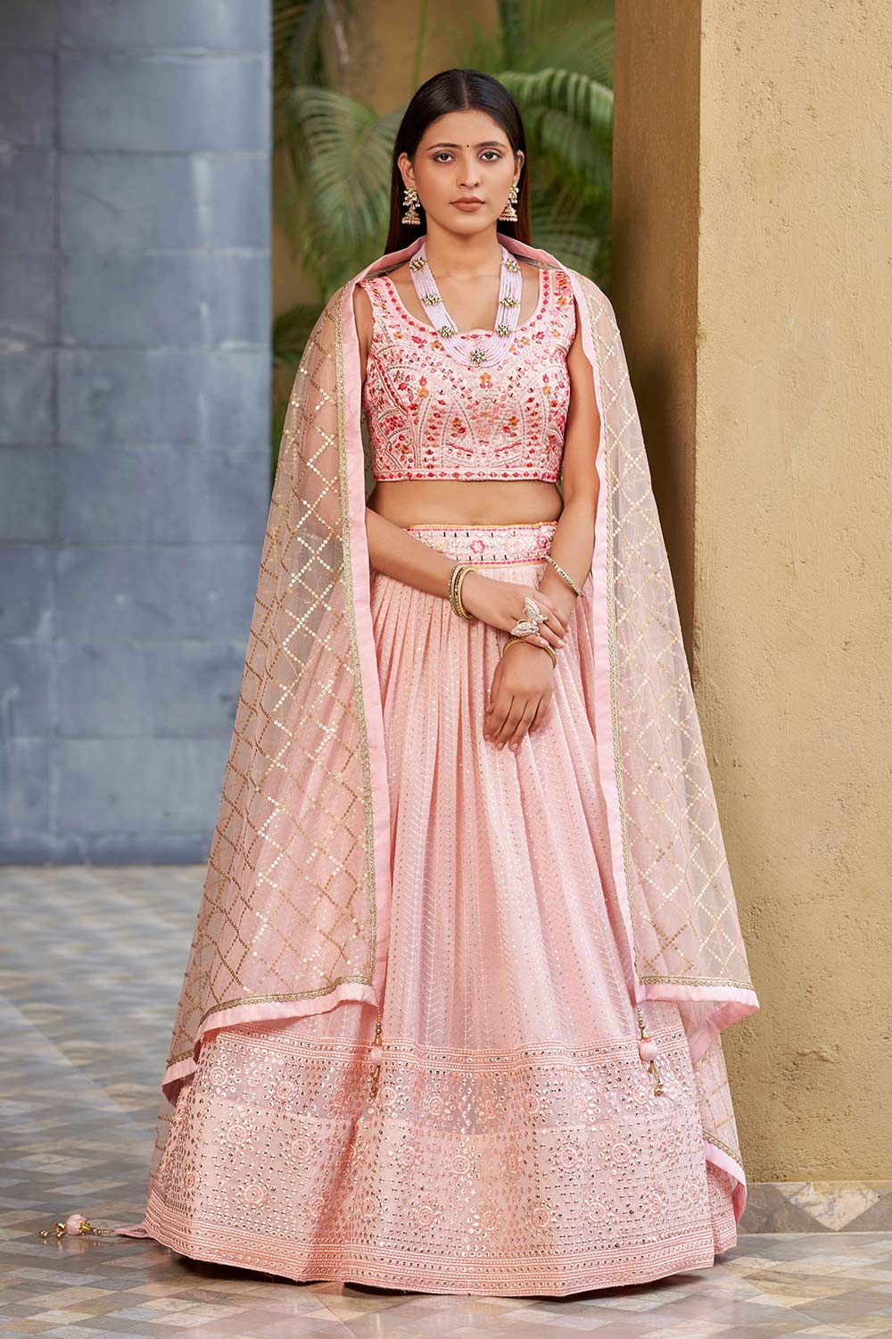 Pink Sequins Georgette Lehenga Choli With Dupatta