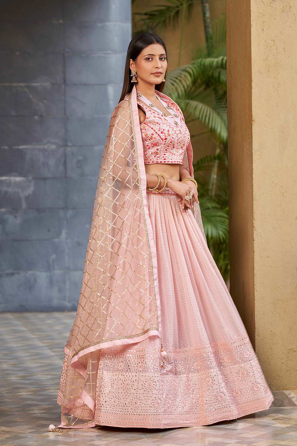 Pink Sequins Georgette Lehenga Choli With Dupatta