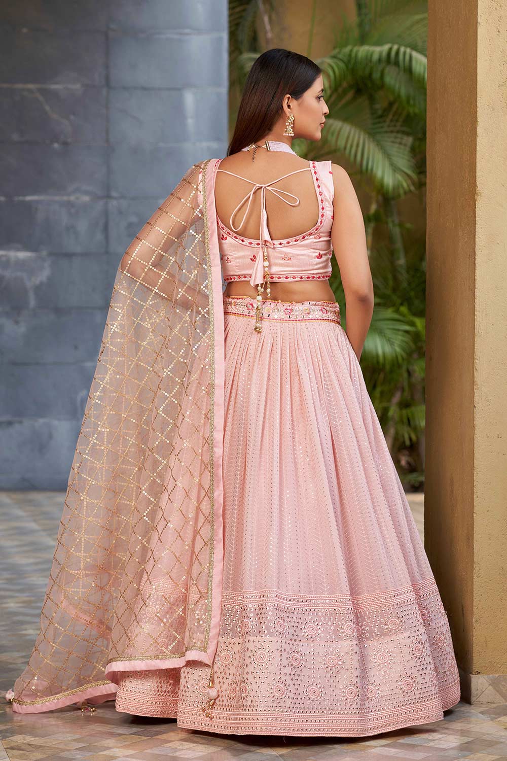 Pink Sequins Georgette Lehenga Choli With Dupatta