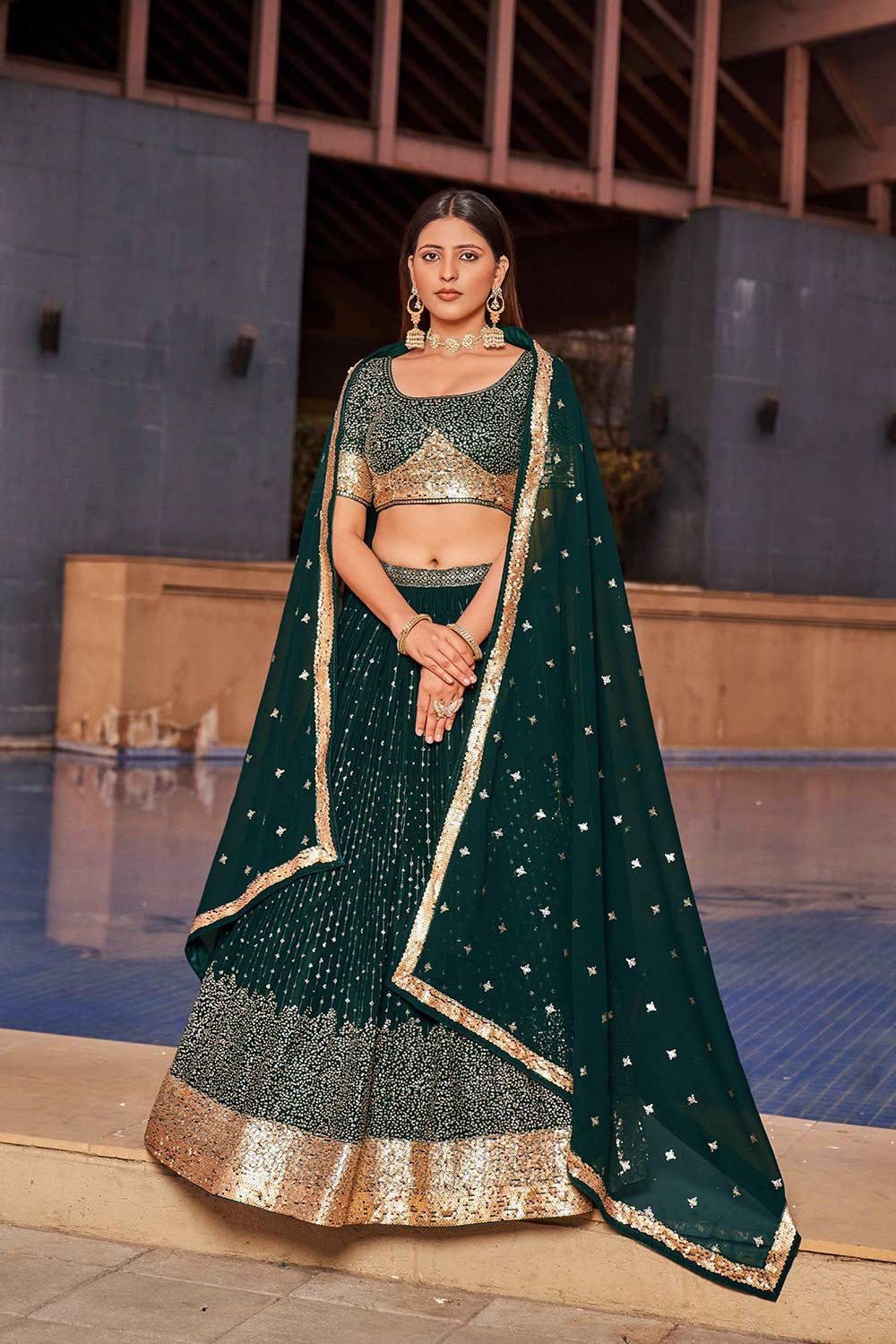 Green Sequins Georgette Lehenga Choli With Dupatta