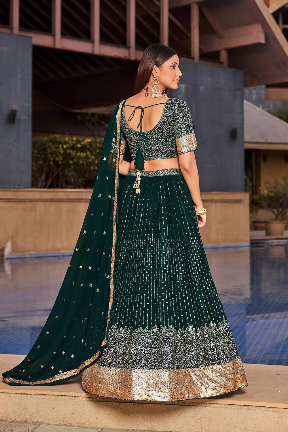 Green Sequins Georgette Lehenga Choli With Dupatta