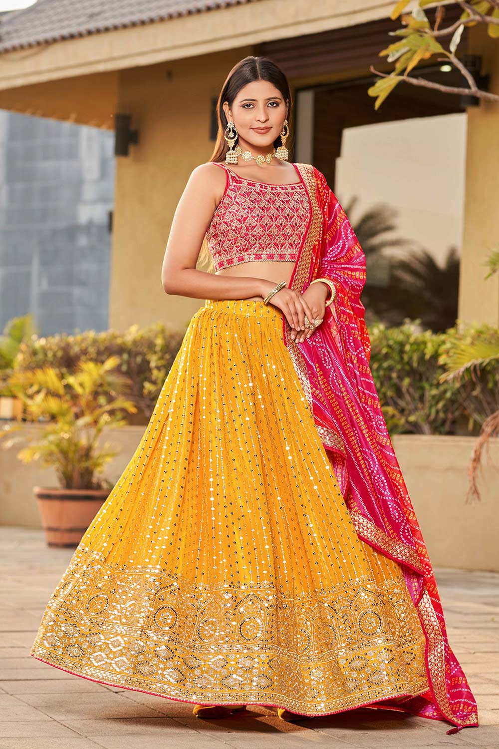 Yellow Sequins Georgette Lehenga Choli With Dupatta