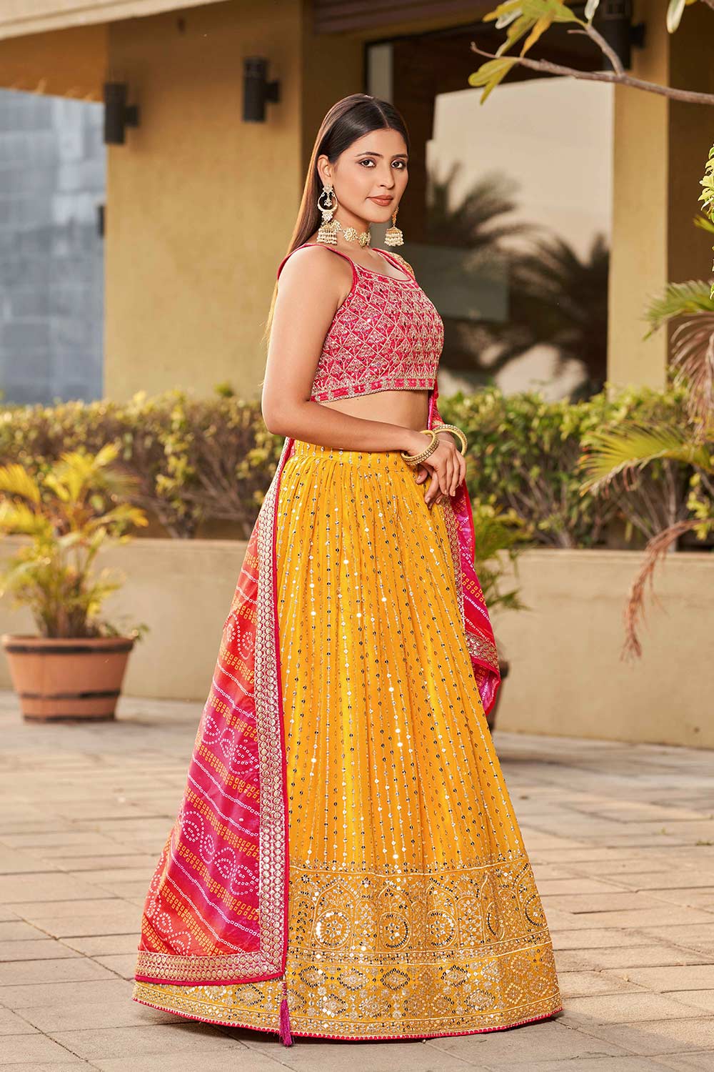 Yellow Sequins Georgette Lehenga Choli With Dupatta