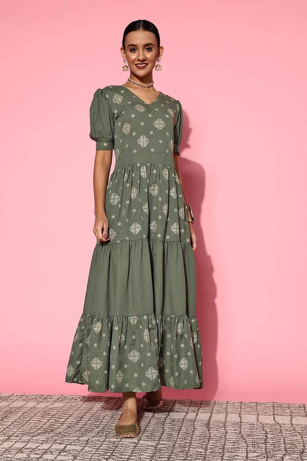 Olive Printed dobby Dress