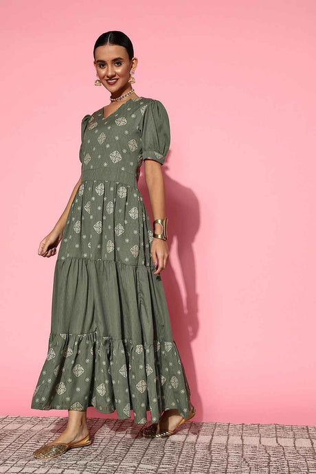 Olive Printed dobby Dress