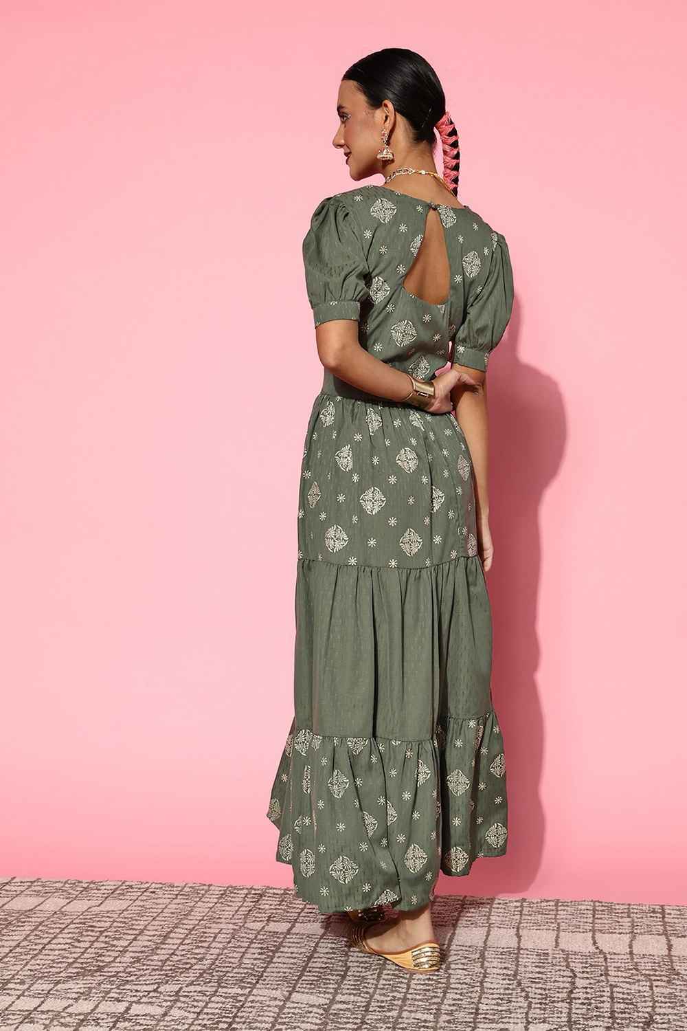 Olive Printed dobby Dress