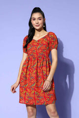 Red Floral Print Pure Cotton Dress