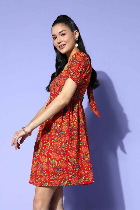 Red Floral Print Pure Cotton Dress