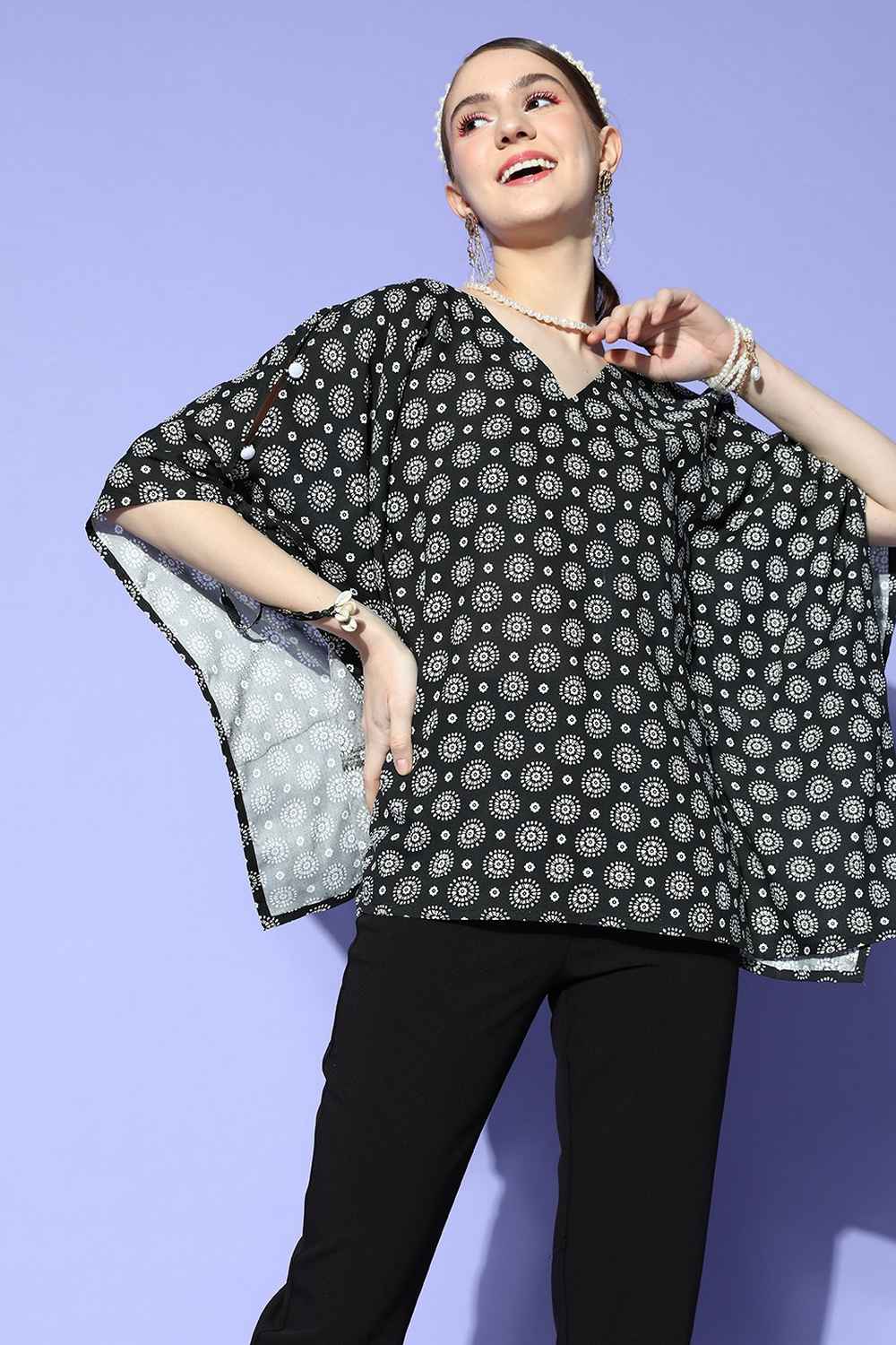 Black Geometric Print Rayon Top